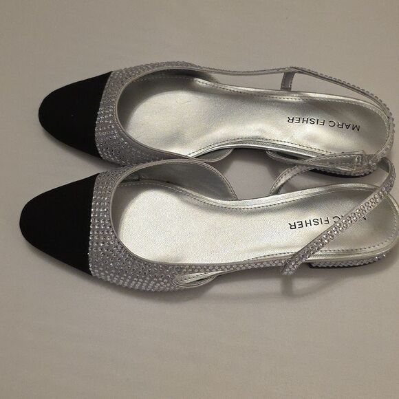 BRAND NEW MARC FISHER RHINESTONE  EMBELLISHMENT BLACK & SILVER SLINGBACK FLATS - Picture 6 of 16